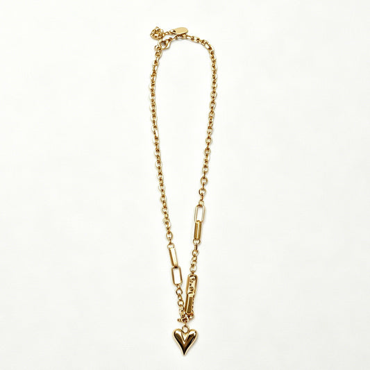 Gold-Tone Heart Pendant Necklace with Mixed Chain Links