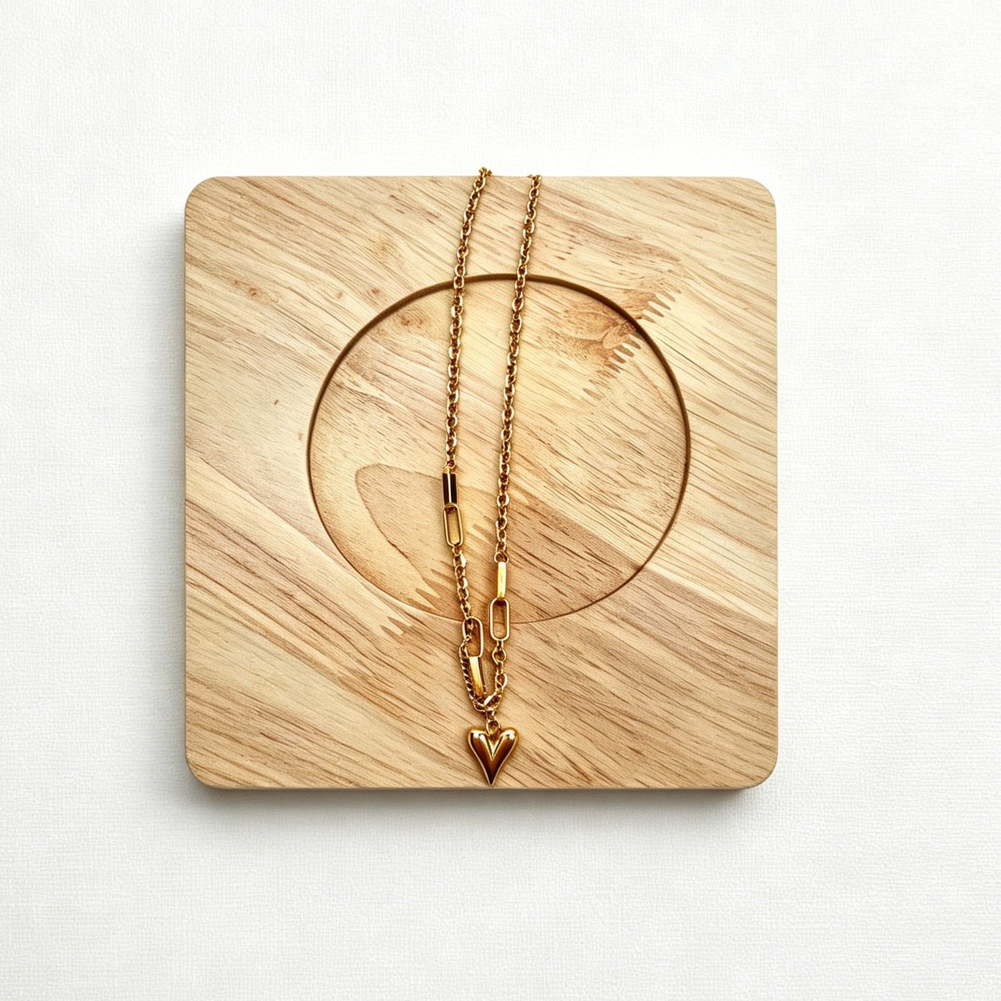Gold-Tone Heart Pendant Necklace with Mixed Chain Links