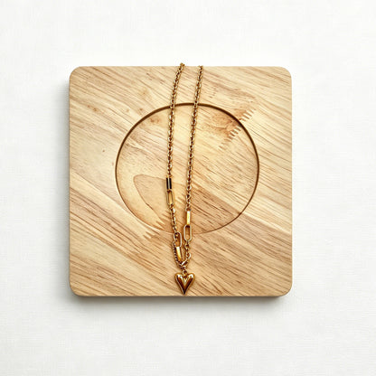 Gold-Tone Heart Pendant Necklace with Mixed Chain Links