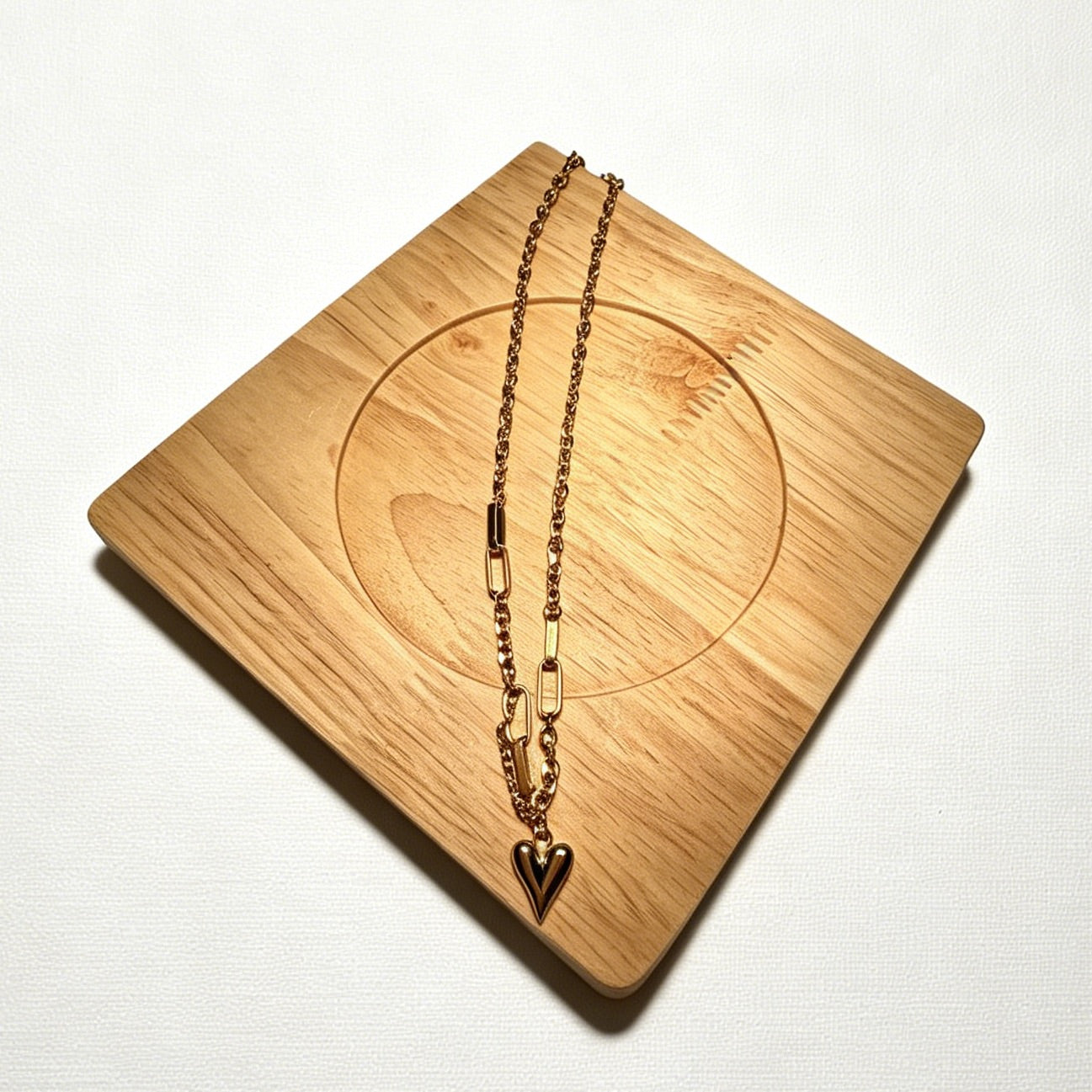 Gold-Tone Heart Pendant Necklace with Mixed Chain Links