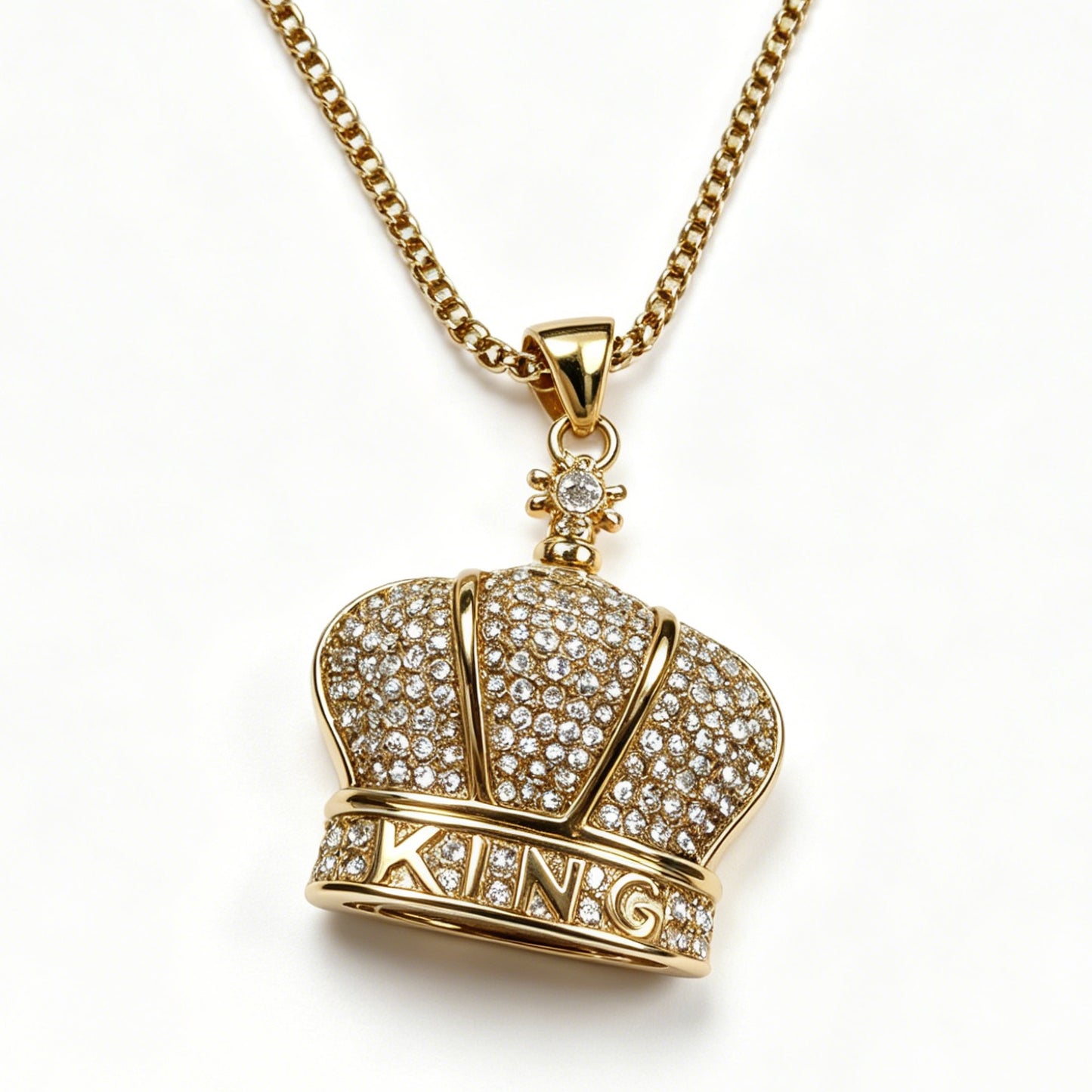 Gold-Tone Crown Pendant Necklace with Paved Crystals & "KING" Lettering