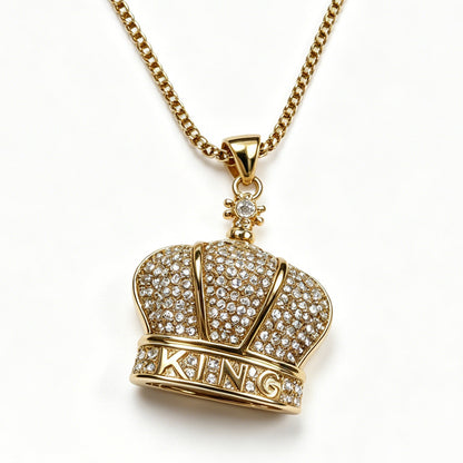 Gold-Tone Crown Pendant Necklace with Paved Crystals & "KING" Lettering