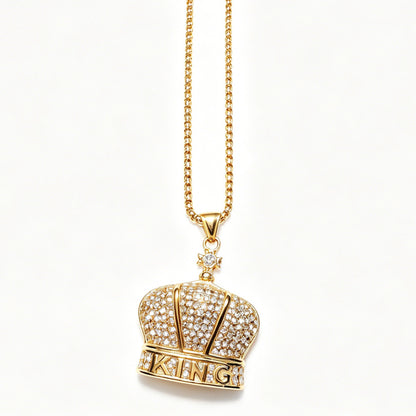 Gold-Tone Crown Pendant Necklace with Paved Crystals & "KING" Lettering