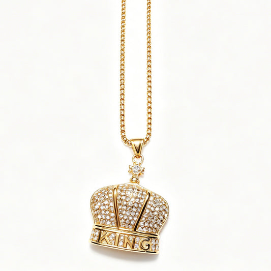 Gold-Tone Crown Pendant Necklace with Paved Crystals & "KING" Lettering