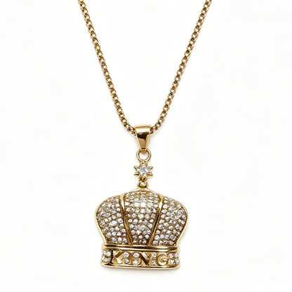 Gold-Tone Crown Pendant Necklace with Paved Crystals & "KING" Lettering