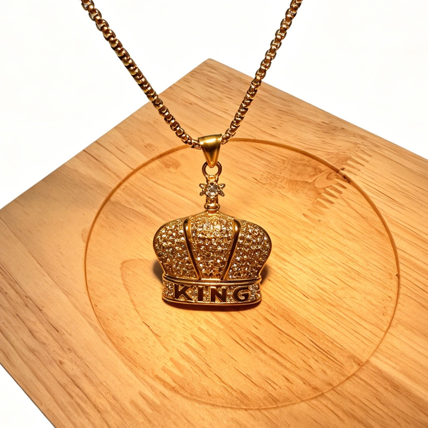 Gold-Tone Crown Pendant Necklace with Paved Crystals & "KING" Lettering