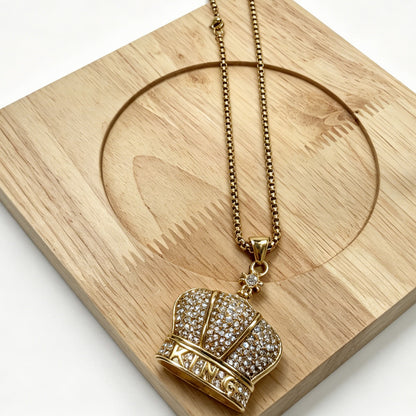 Gold-Tone Crown Pendant Necklace with Paved Crystals & "KING" Lettering
