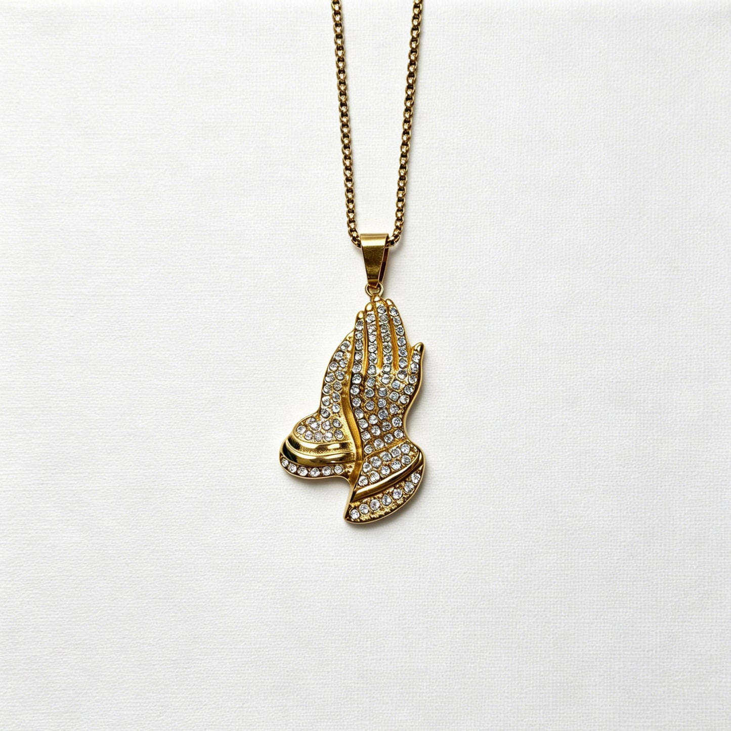 Gold-Tone Praying Hands Pendant Necklace with Paved Crystals
