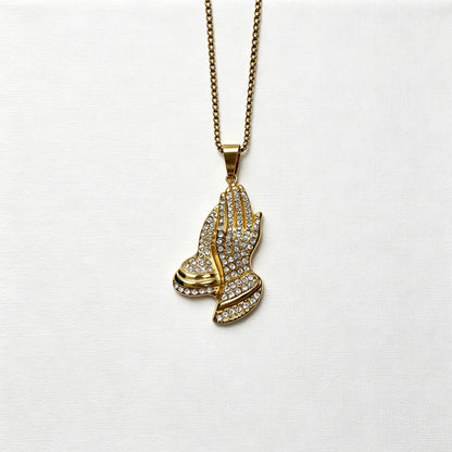 Gold-Tone Praying Hands Pendant Necklace with Paved Crystals