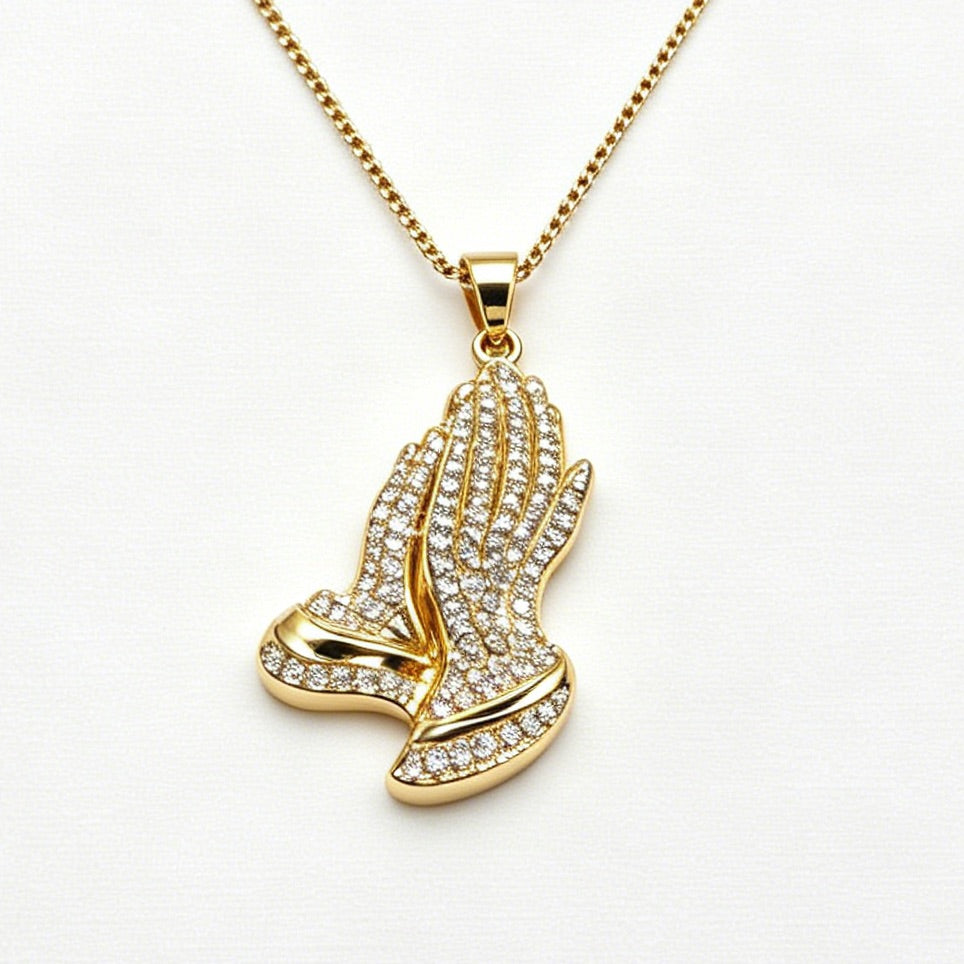 Gold-Tone Praying Hands Pendant Necklace with Paved Crystals