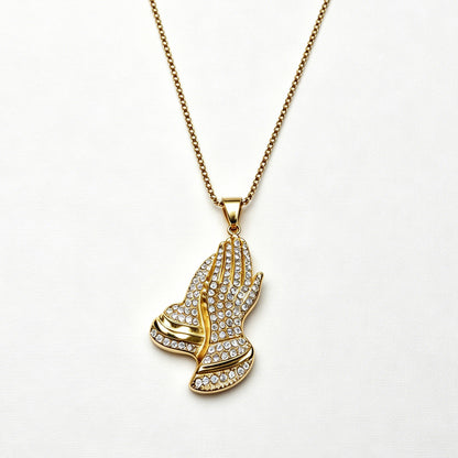 Gold-Tone Praying Hands Pendant Necklace with Paved Crystals