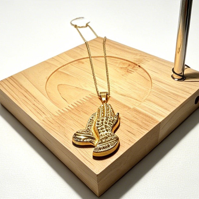 Gold-Tone Praying Hands Pendant Necklace with Paved Crystals