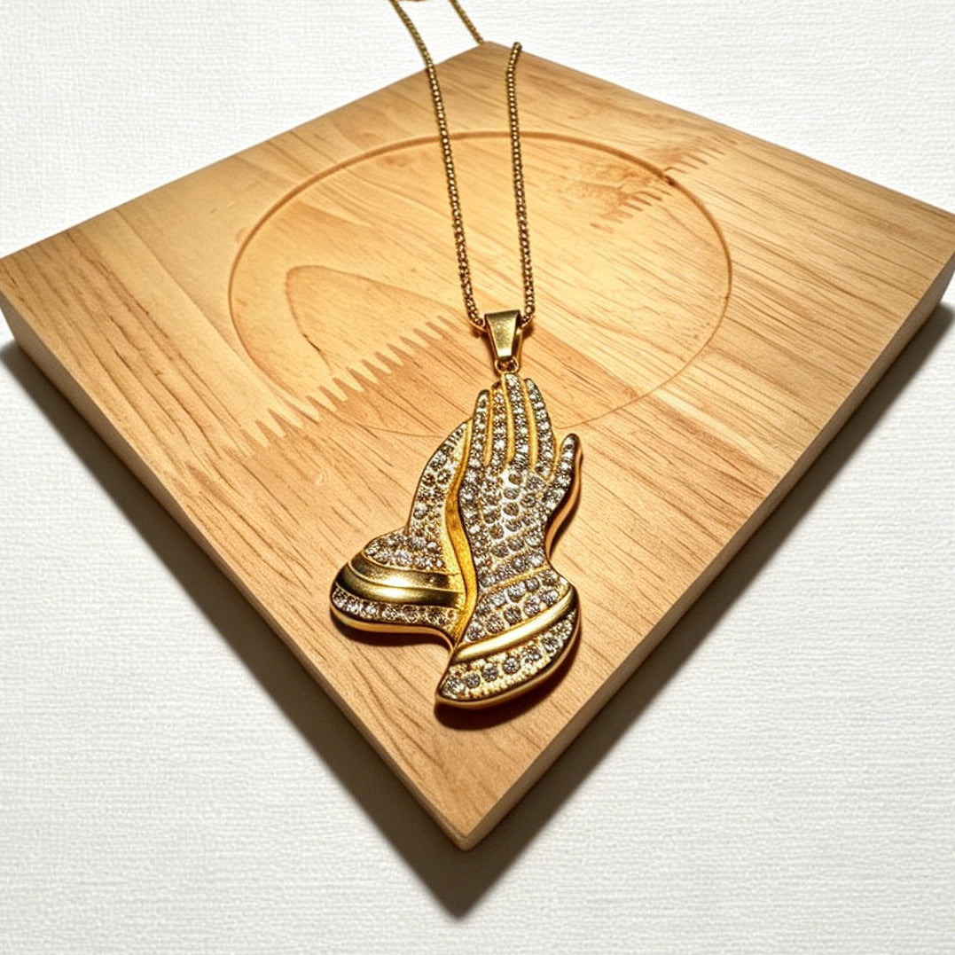 Gold-Tone Praying Hands Pendant Necklace with Paved Crystals