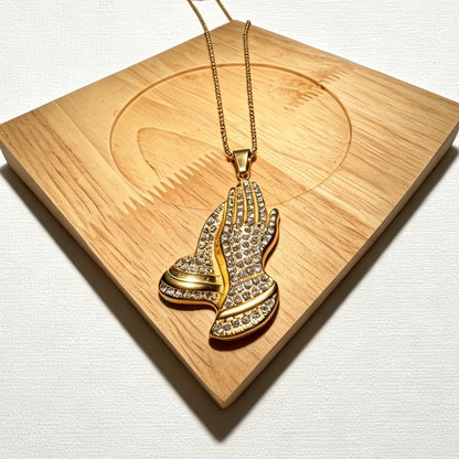Gold-Tone Praying Hands Pendant Necklace with Paved Crystals