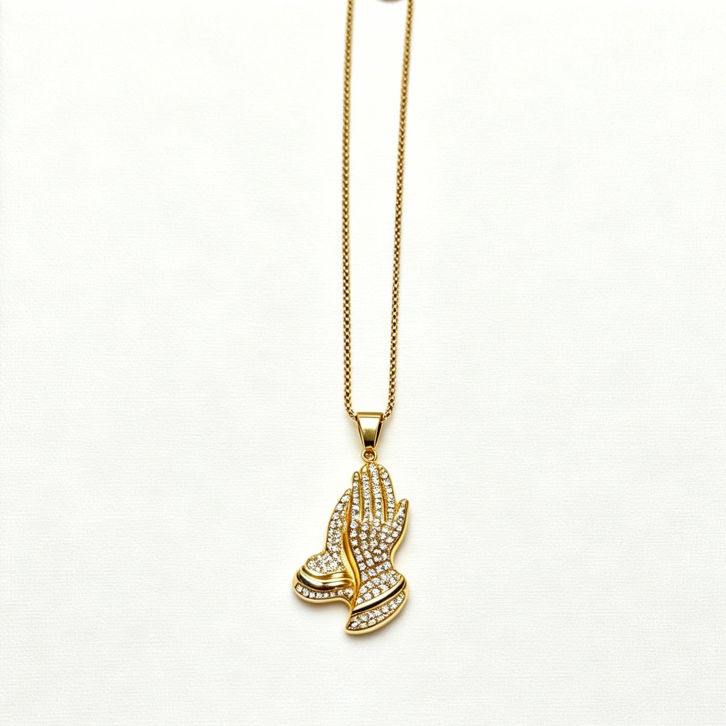 Gold-Tone Praying Hands Pendant Necklace with Paved Crystals