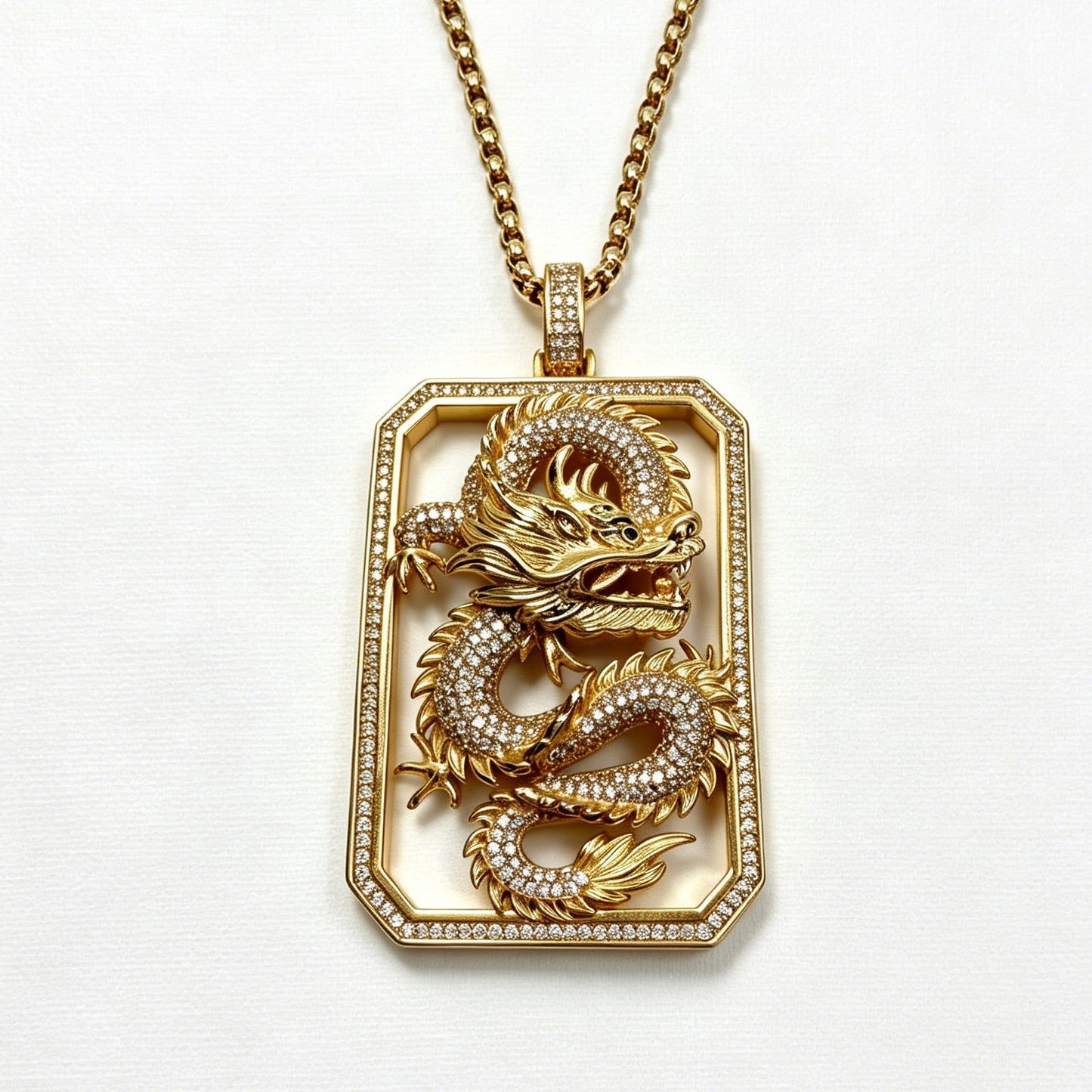 Gold-Tone Dragon Dog Tag Pendant Necklace with Paved Crystals