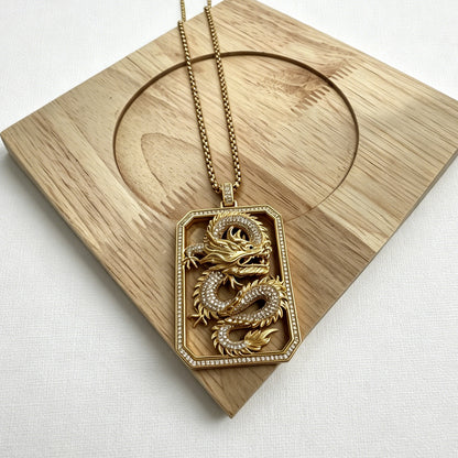 Gold-Tone Dragon Dog Tag Pendant Necklace with Paved Crystals