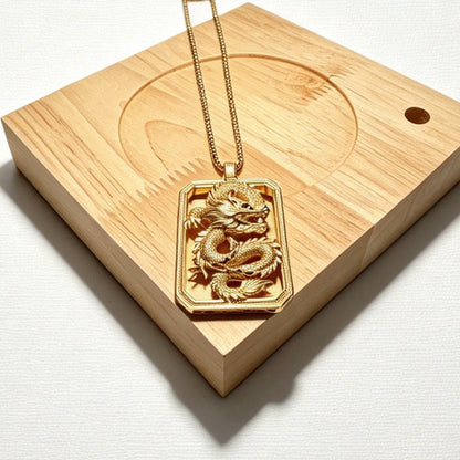 Gold-Tone Dragon Dog Tag Pendant Necklace with Paved Crystals