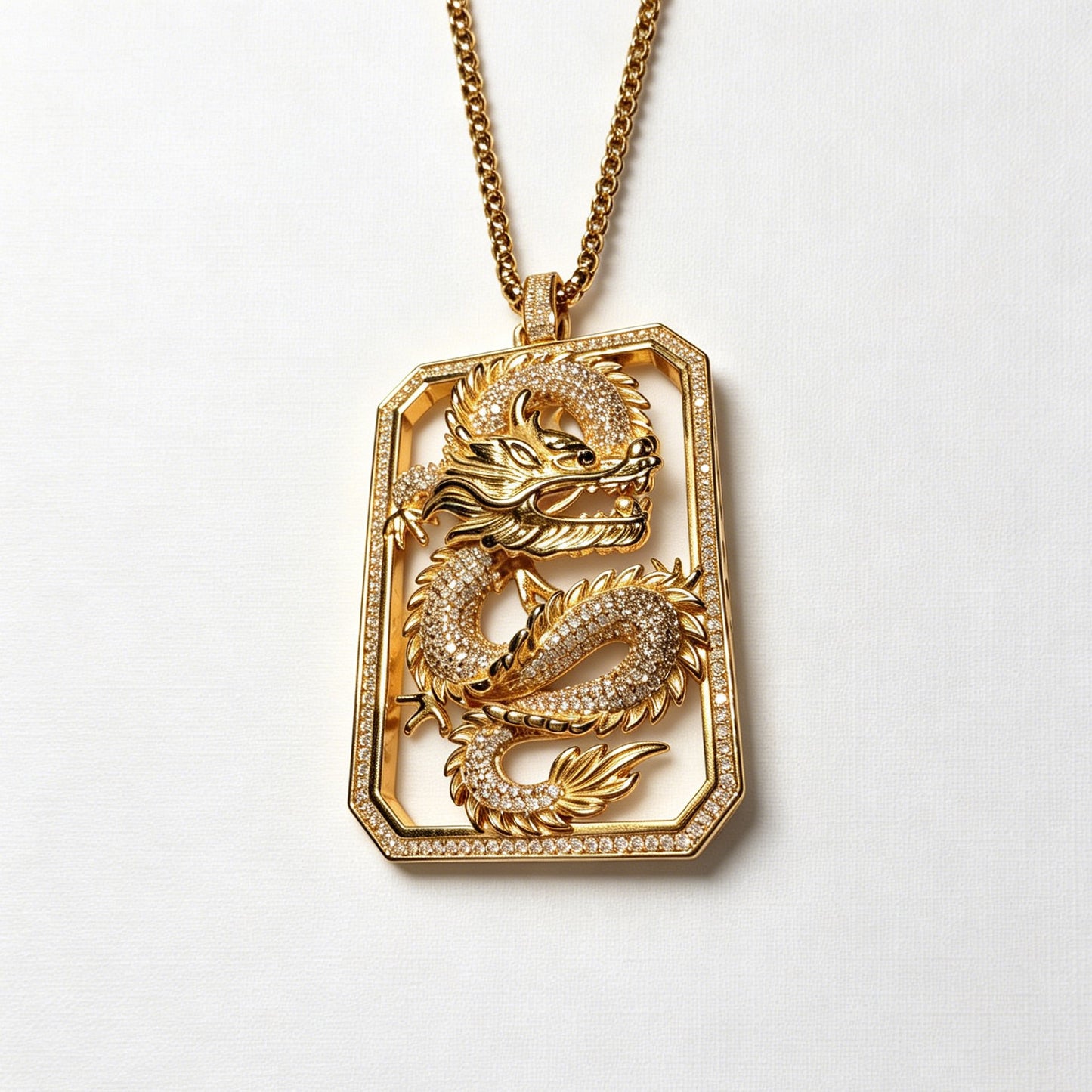 Gold-Tone Dragon Dog Tag Pendant Necklace with Paved Crystals