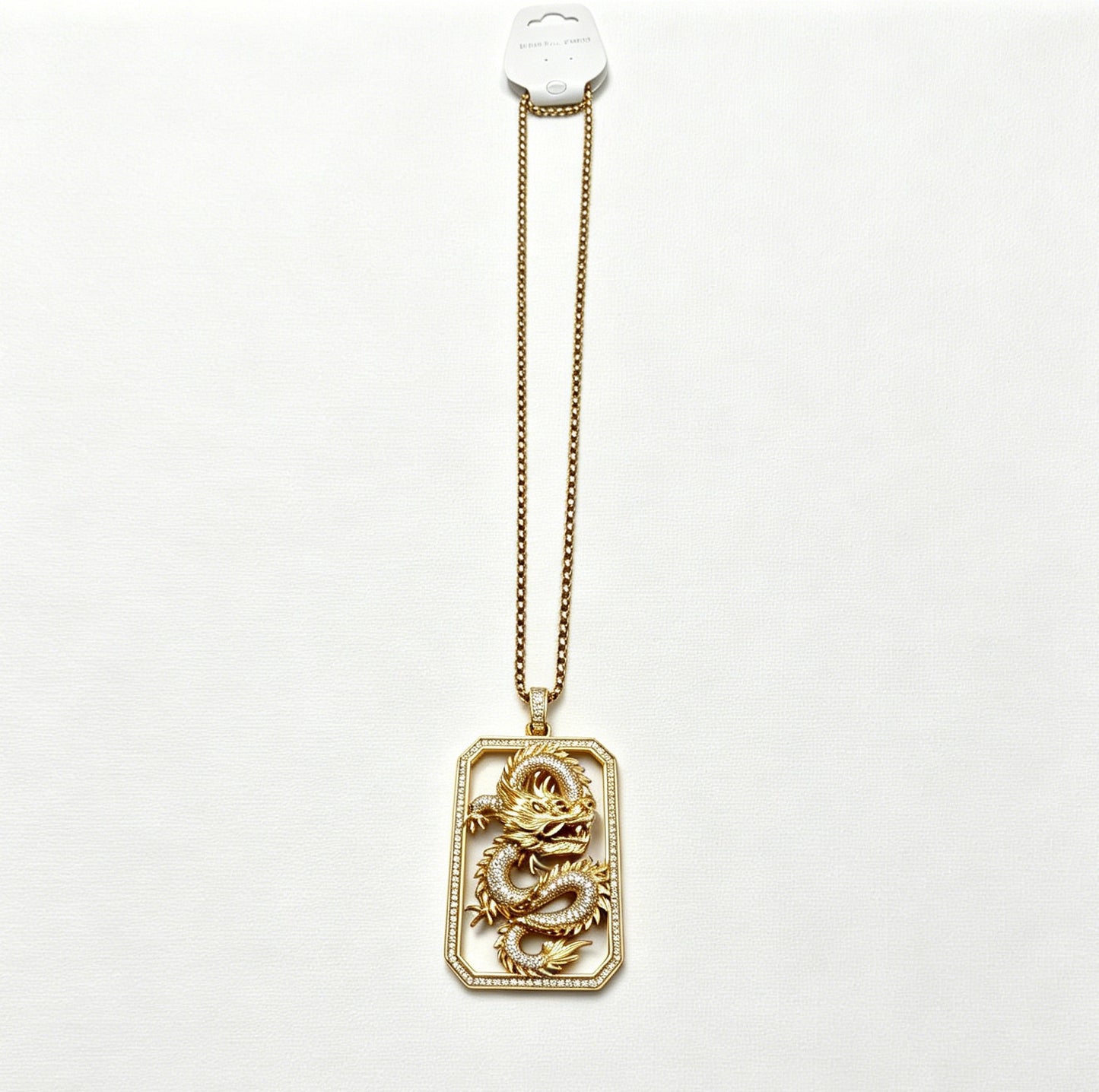 Gold-Tone Dragon Dog Tag Pendant Necklace with Paved Crystals