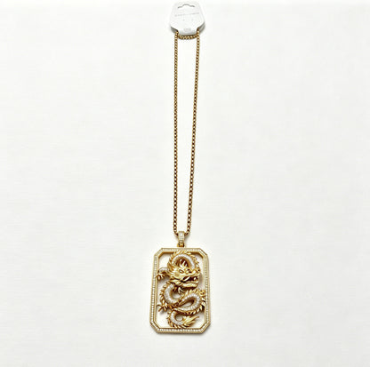 Gold-Tone Dragon Dog Tag Pendant Necklace with Paved Crystals