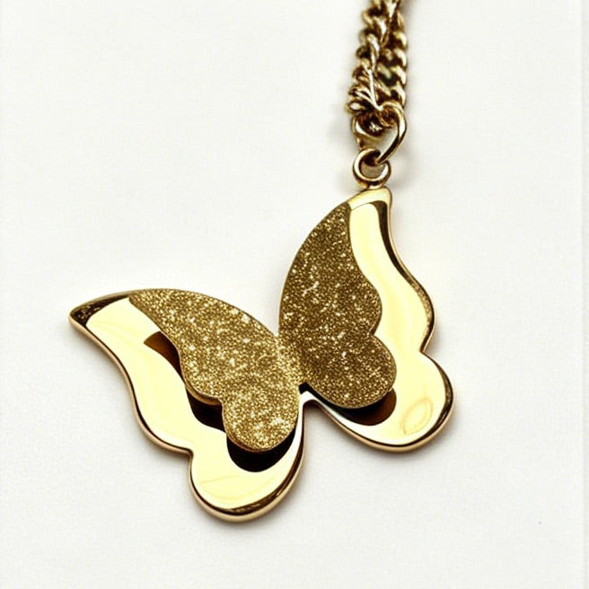 Gold-Tone Double Layer Butterfly Pendant Necklace with Frosted Finish