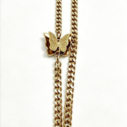 Gold-Tone Double Layer Butterfly Pendant Necklace with Frosted Finish