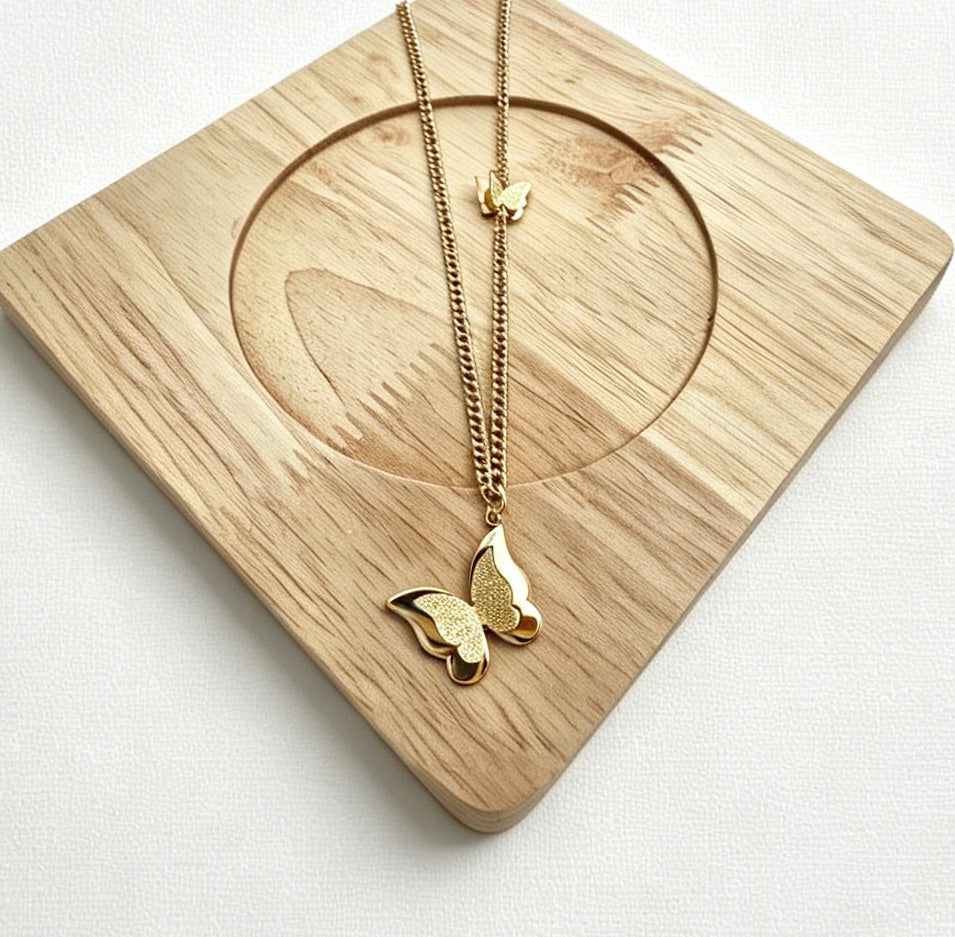 Gold-Tone Double Layer Butterfly Pendant Necklace with Frosted Finish