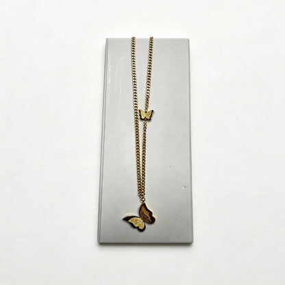 Gold-Tone Double Layer Butterfly Pendant Necklace with Frosted Finish
