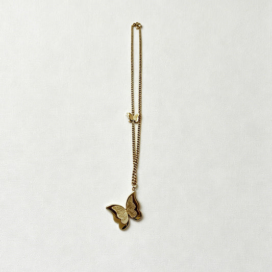 Gold-Tone Double Layer Butterfly Pendant Necklace with Frosted Finish