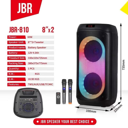 Dual 8" Portable Bluetooth Speaker with Wireless Mics & RGB Lights