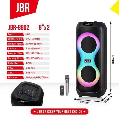 Dual-Driver Portable Bluetooth Speaker with RGB Lights 8"x2
