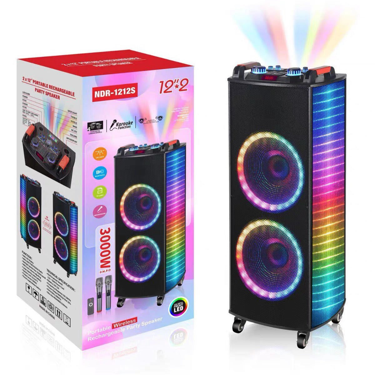 Dual 12" Portable Party Speaker with Wireless Mics & RGB Lights