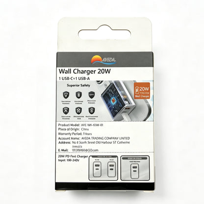 20W Dual Port Wall Charger, USB-A QC4.0 & USB-C PD Fast Charger US Plug