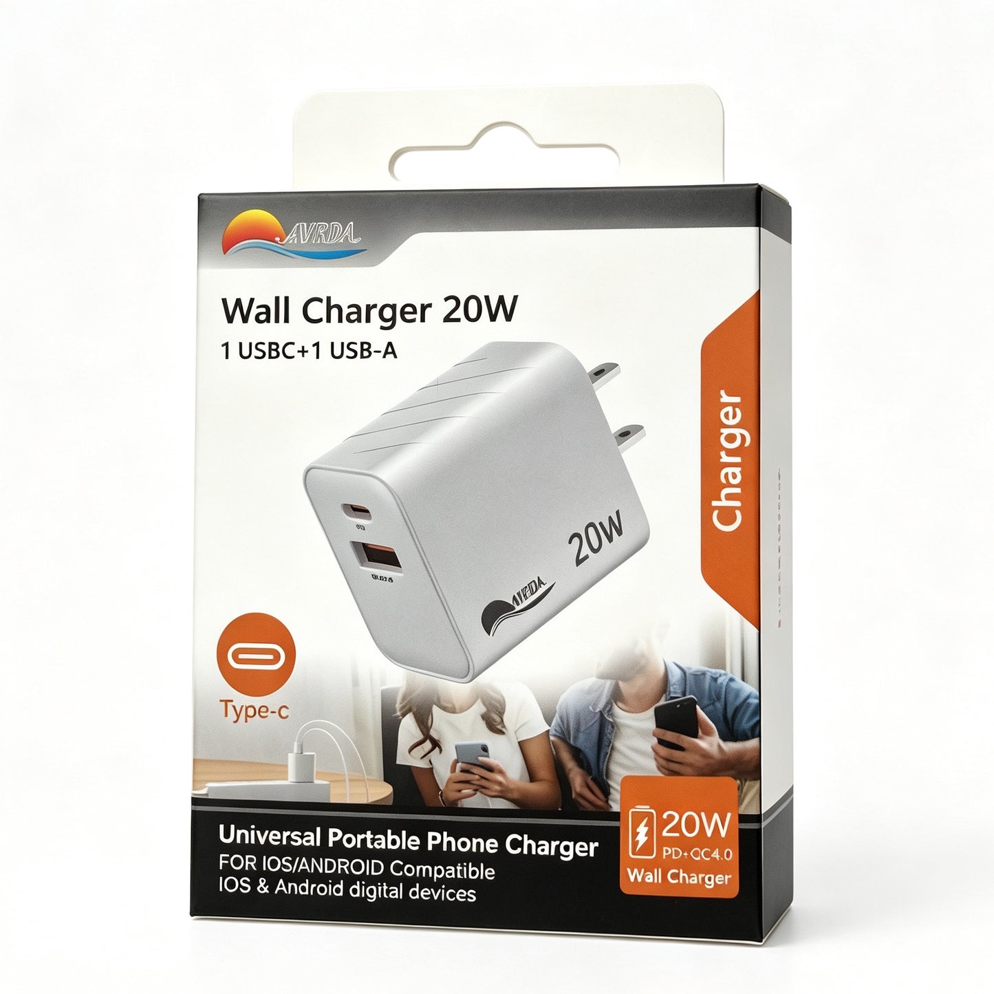 20W Dual Port Wall Charger, USB-A QC4.0 & USB-C PD Fast Charger US Plug