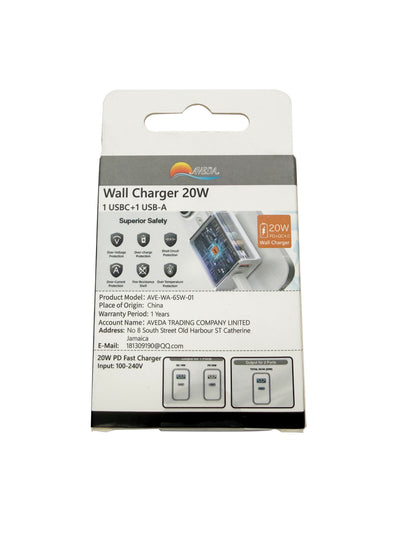 20W Dual Port Wall Charger, USB-A QC4.0 & USB-C PD Fast Charger US Plug