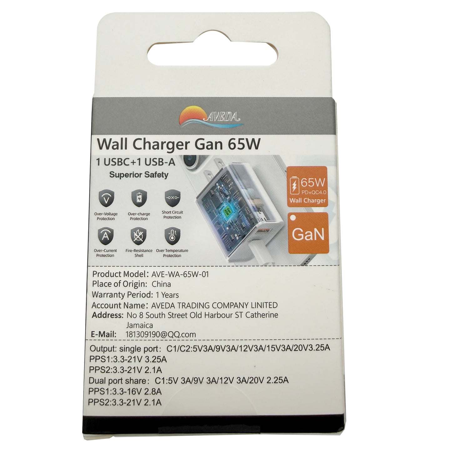65W GaN Dual Port Wall Charger, USB-A QC4.0 & USB-C PD Fast Charger US Plug