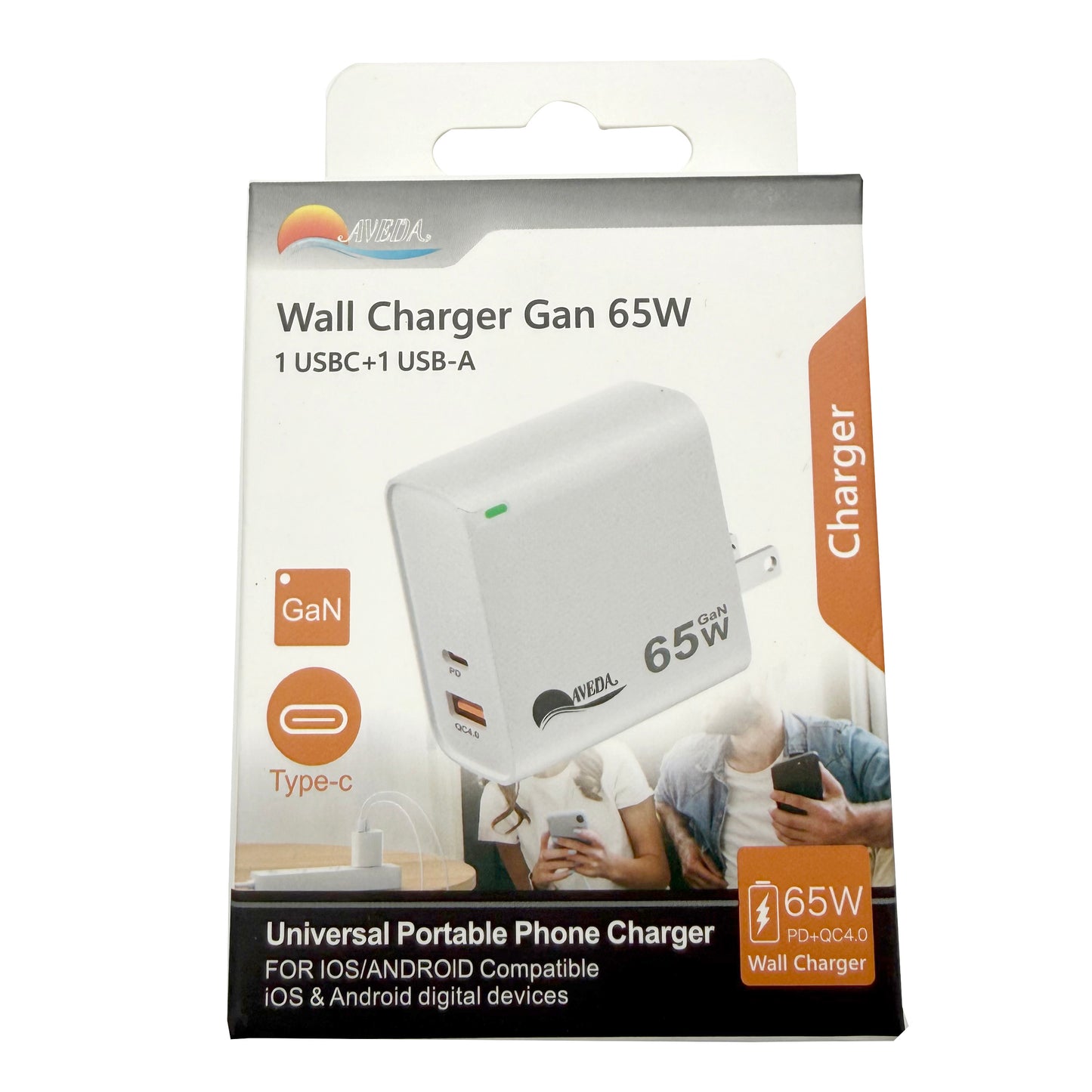 65W GaN Dual Port Wall Charger, USB-A QC4.0 & USB-C PD Fast Charger US Plug