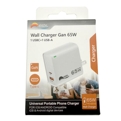 65W GaN Dual Port Wall Charger, USB-A QC4.0 & USB-C PD Fast Charger US Plug