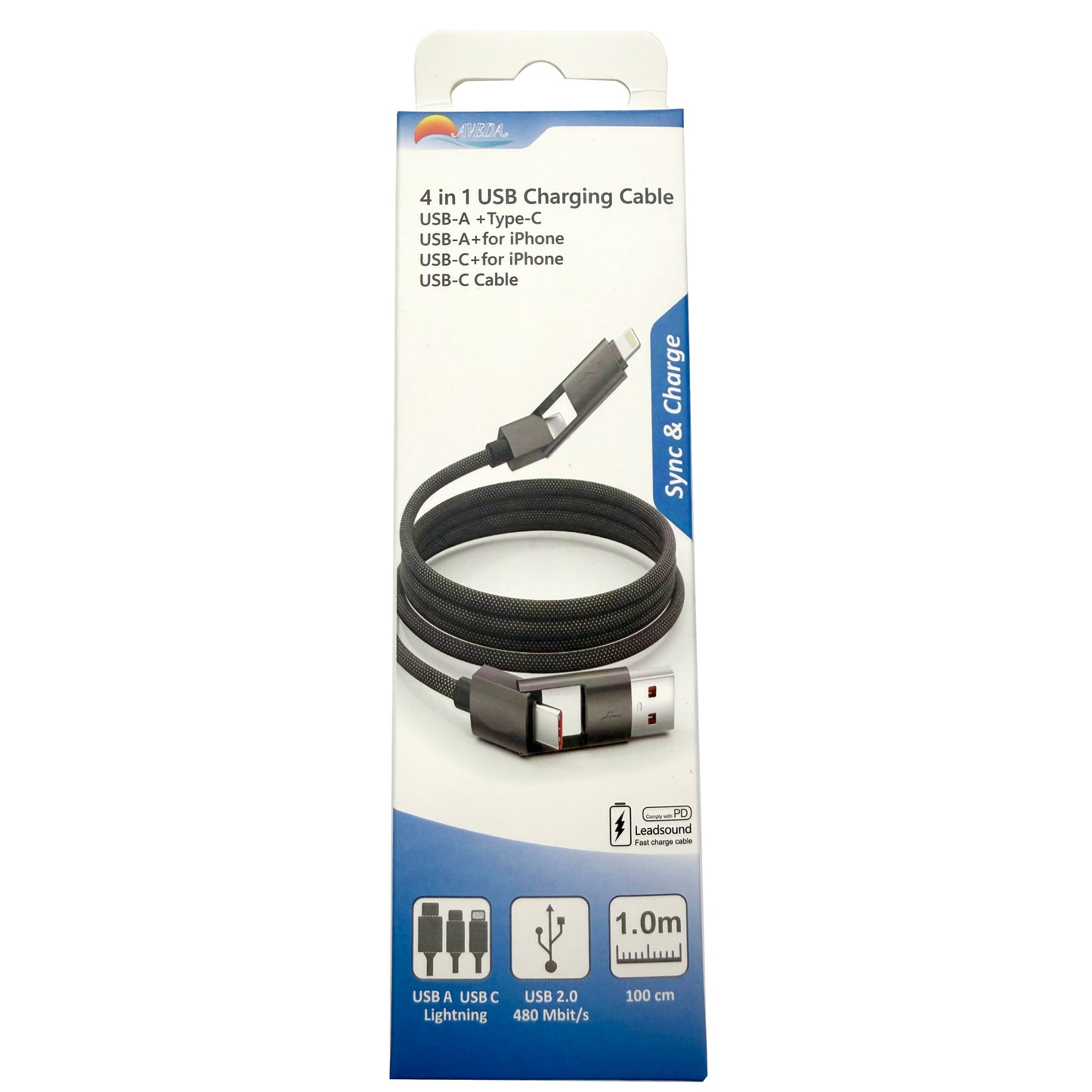 4 in 1 Multi USB Charging Cable, USB-A & USB-C to Lightning & Type-C Braided Data Cable, 1M