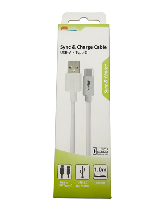 USB-A to Type-C Sync & Charge Cable, 15W Fast Charging Cord 1M White