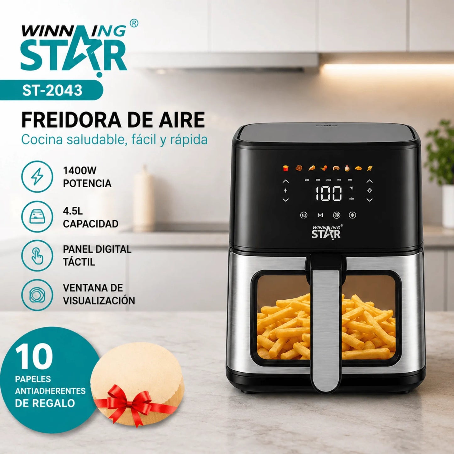 Winning Star, Air Fryer 4.5L/4.8 QT 1400W with Viewing Window