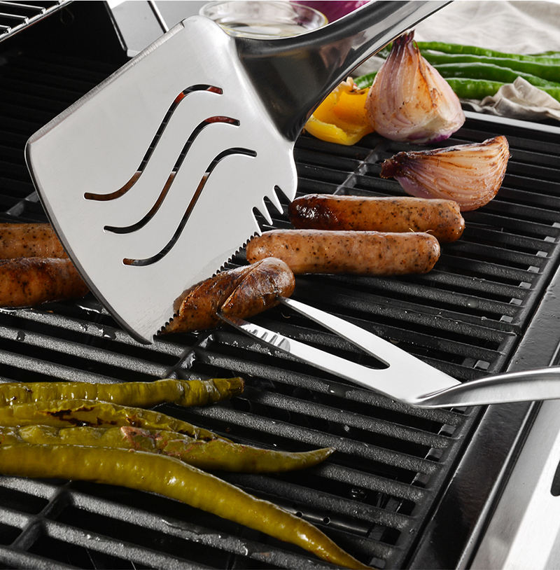 Extra Thick Grilling Tools with Stand, Spatula, Fork, Basting Brush & Tongs