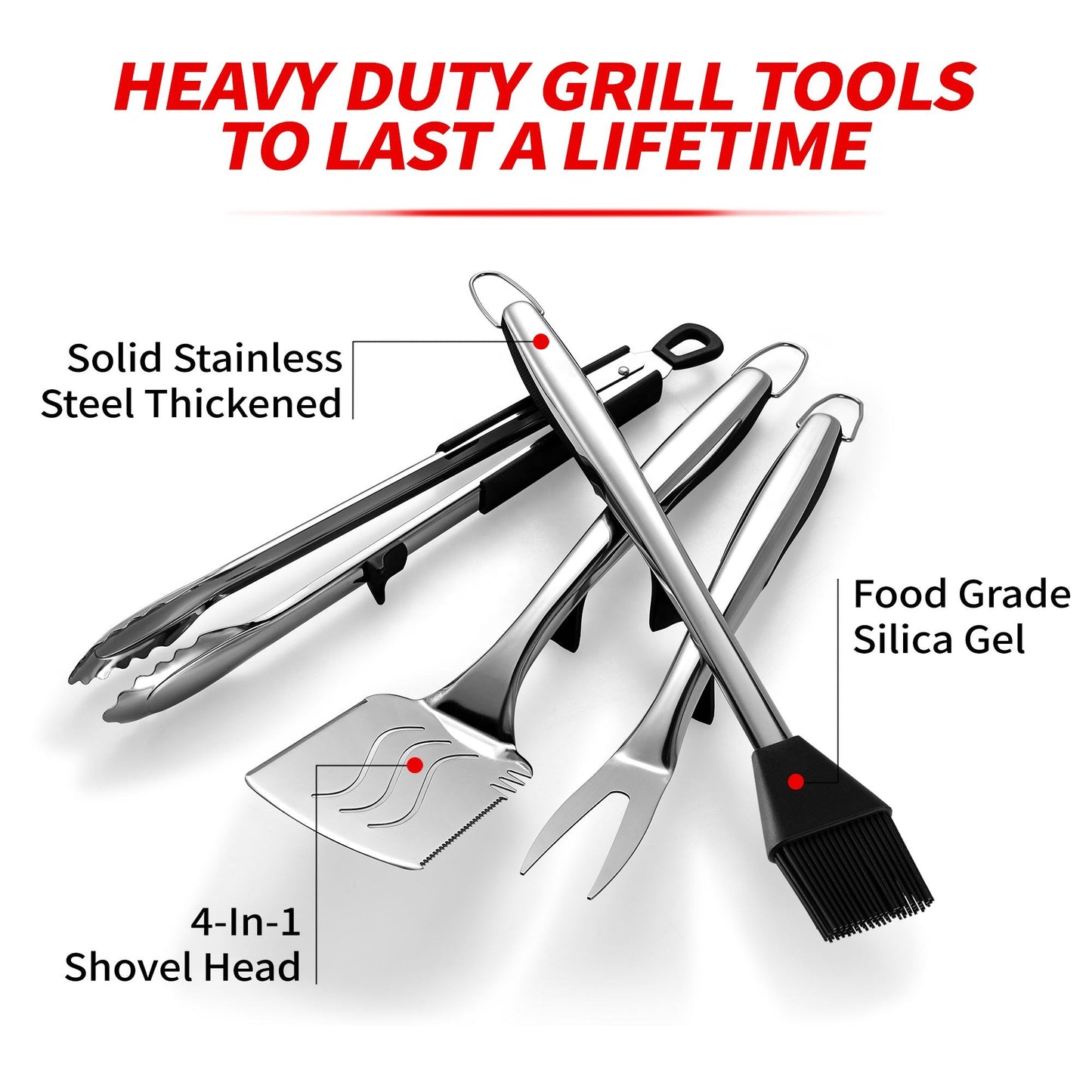 Extra Thick Grilling Tools with Stand, Spatula, Fork, Basting Brush & Tongs