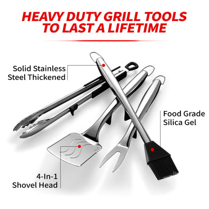 Extra Thick Grilling Tools with Stand, Spatula, Fork, Basting Brush & Tongs