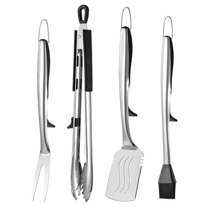 Extra Thick Grilling Tools with Stand, Spatula, Fork, Basting Brush & Tongs