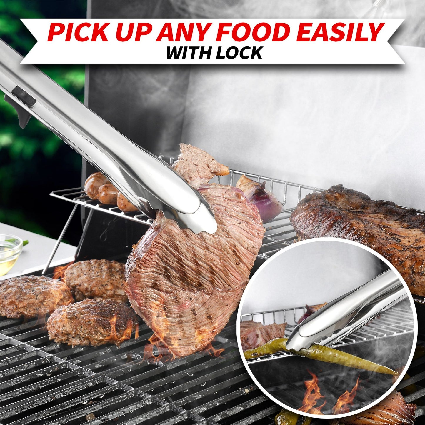 Extra Thick Grilling Tools with Stand, Spatula, Fork, Basting Brush & Tongs