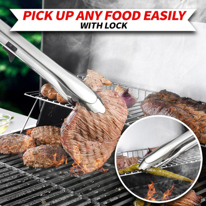 Extra Thick Grilling Tools with Stand, Spatula, Fork, Basting Brush & Tongs