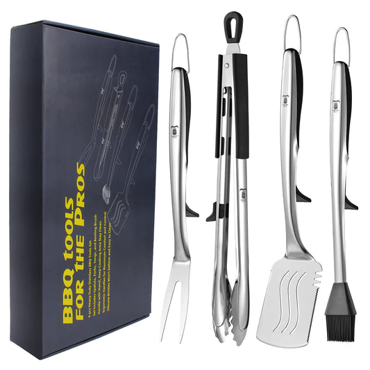 Extra Thick Grilling Tools with Stand, Spatula, Fork, Basting Brush & Tongs