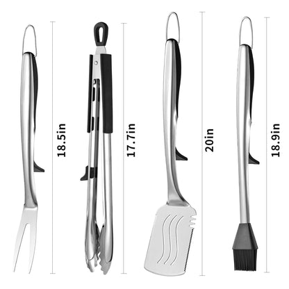 Extra Thick Grilling Tools with Stand, Spatula, Fork, Basting Brush & Tongs